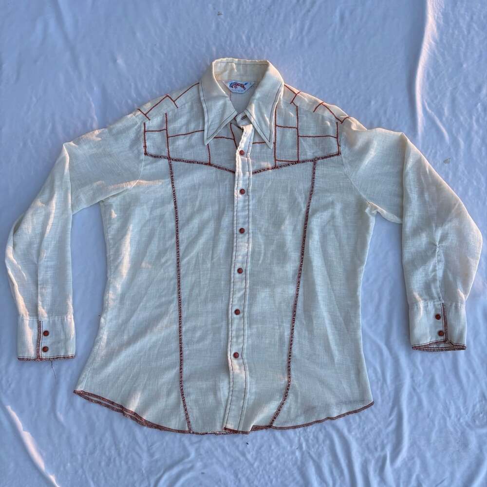 Vintage 1970s Wrangler Western Shirt Men’s Large USA Red Stitch Pearl Snap Rodeo